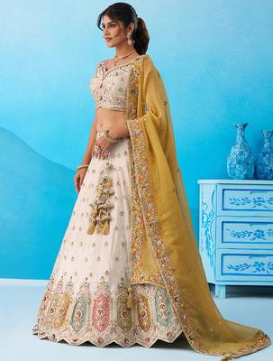 Cream- Tissue Sequins Embroidered Multicolor Patch Work Semi-Stitched Lehenga  & Unstitched Blouse With Dupatta 3