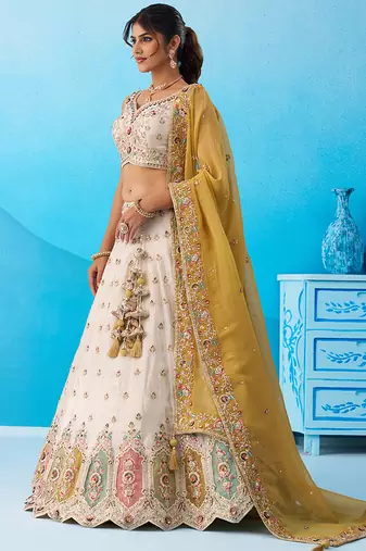 Cream- Tissue Sequins Embroidered Multicolor Patch Work Semi-Stitched Lehenga  & Unstitched Blouse With Dupatta
