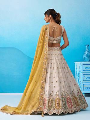Cream- Tissue Sequins Embroidered Multicolor Patch Work Semi-Stitched Lehenga  & Unstitched Blouse With Dupatta 4