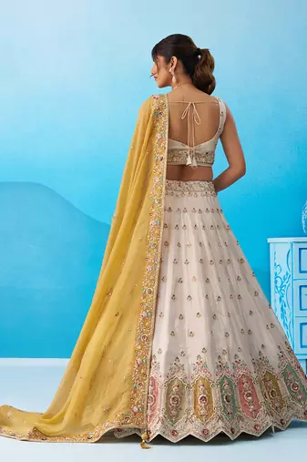 Cream- Tissue Sequins Embroidered Multicolor Patch Work Semi-Stitched Lehenga  & Unstitched Blouse With Dupatta