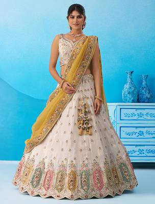 Cream- Tissue Sequins Embroidered Multicolor Patch Work Semi-Stitched Lehenga  & Unstitched Blouse With Dupatta 1