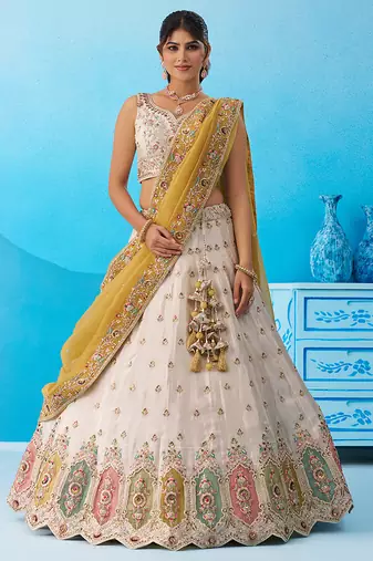 Cream- Tissue Sequins Embroidered Multicolor Patch Work Semi-Stitched Lehenga & Unstitched Blouse With Dupatta