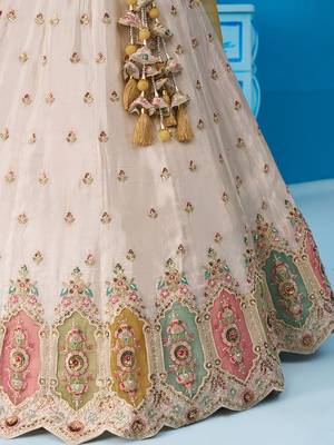 Cream- Tissue Sequins Embroidered Multicolor Patch Work Semi-Stitched Lehenga  & Unstitched Blouse With Dupatta 5