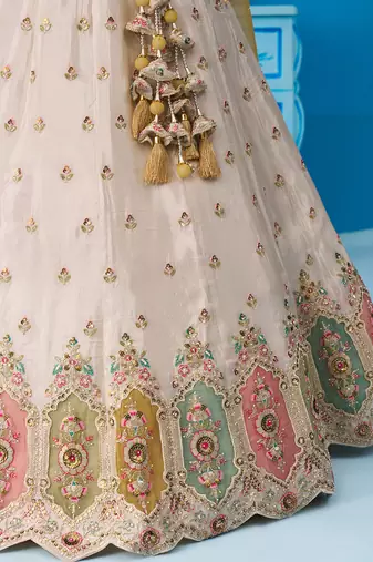 Cream- Tissue Sequins Embroidered Multicolor Patch Work Semi-Stitched Lehenga  & Unstitched Blouse With Dupatta