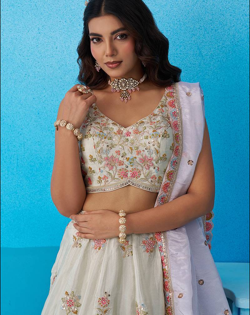 Limegreen- Tissue Sequinned & Zari Embroidered Semi-Stitched Lehenga & Unstitched Blouse With Dupatta