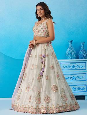 Limegreen- Tissue Sequinned & Zari Embroidered Semi-Stitched Lehenga & Unstitched Blouse With Dupatta 3