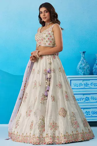Limegreen- Tissue Sequinned & Zari Embroidered Semi-Stitched Lehenga & Unstitched Blouse With Dupatta