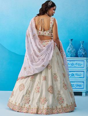Limegreen- Tissue Sequinned & Zari Embroidered Semi-Stitched Lehenga & Unstitched Blouse With Dupatta 4