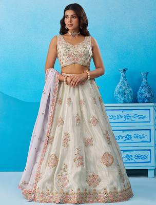 Limegreen- Tissue Sequinned & Zari Embroidered Semi-Stitched Lehenga & Unstitched Blouse With Dupatta 1