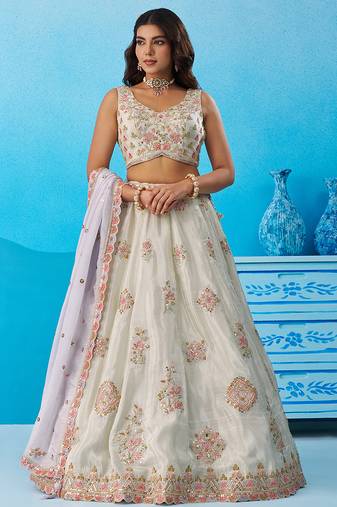 Limegreen- Tissue Sequinned & Zari Embroidered Semi-Stitched Lehenga & Unstitched Blouse With Dupatta