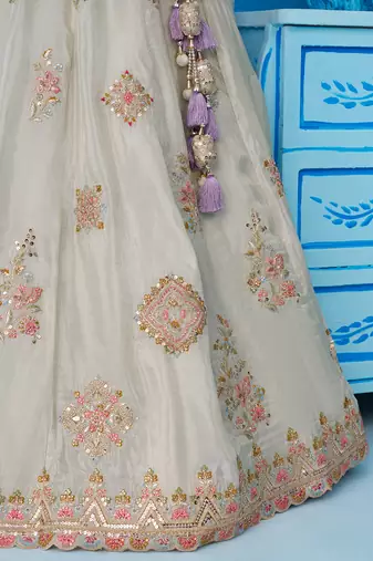 Limegreen- Tissue Sequinned & Zari Embroidered Semi-Stitched Lehenga & Unstitched Blouse With Dupatta