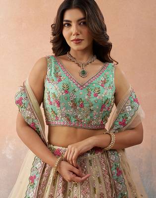 Cream- Tissue Sequins Embroidered Semi-Stitched Lehenga & Unstitched Blouse With Dupatta 2