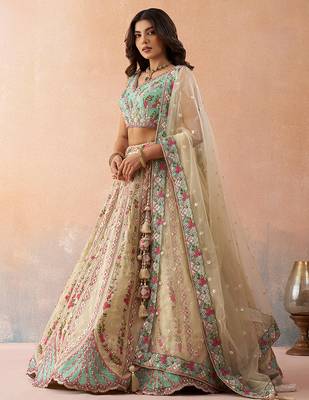 Cream- Tissue Sequins Embroidered Semi-Stitched Lehenga & Unstitched Blouse With Dupatta 3