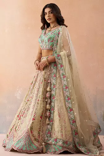 Cream- Tissue Sequins Embroidered Semi-Stitched Lehenga & Unstitched Blouse With Dupatta