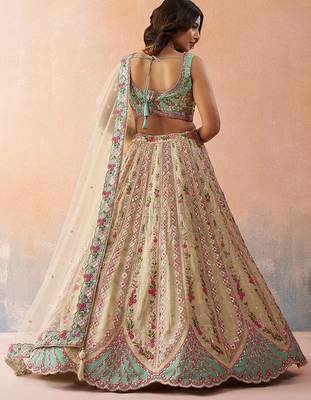 Cream- Tissue Sequins Embroidered Semi-Stitched Lehenga & Unstitched Blouse With Dupatta 4
