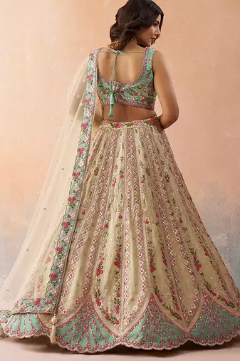Cream- Tissue Sequins Embroidered Semi-Stitched Lehenga & Unstitched Blouse With Dupatta