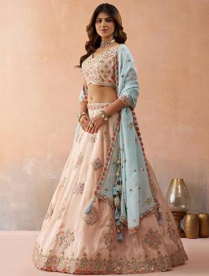 Peach- Tissue Sequinned & Zari Embroidered Semi-Stitched Lehenga & Unstitched Blouse With Dupatta 3