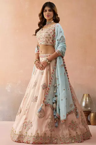 Peach- Tissue Sequinned & Zari Embroidered Semi-Stitched Lehenga & Unstitched Blouse With Dupatta