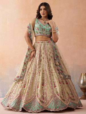 Cream- Tissue Sequins Embroidered Semi-Stitched Lehenga & Unstitched Blouse With Dupatta 1