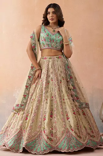 Cream- Tissue Sequins Embroidered Semi-Stitched Lehenga & Unstitched Blouse With Dupatta