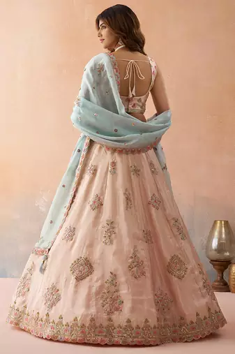Peach- Tissue Sequinned & Zari Embroidered Semi-Stitched Lehenga & Unstitched Blouse With Dupatta