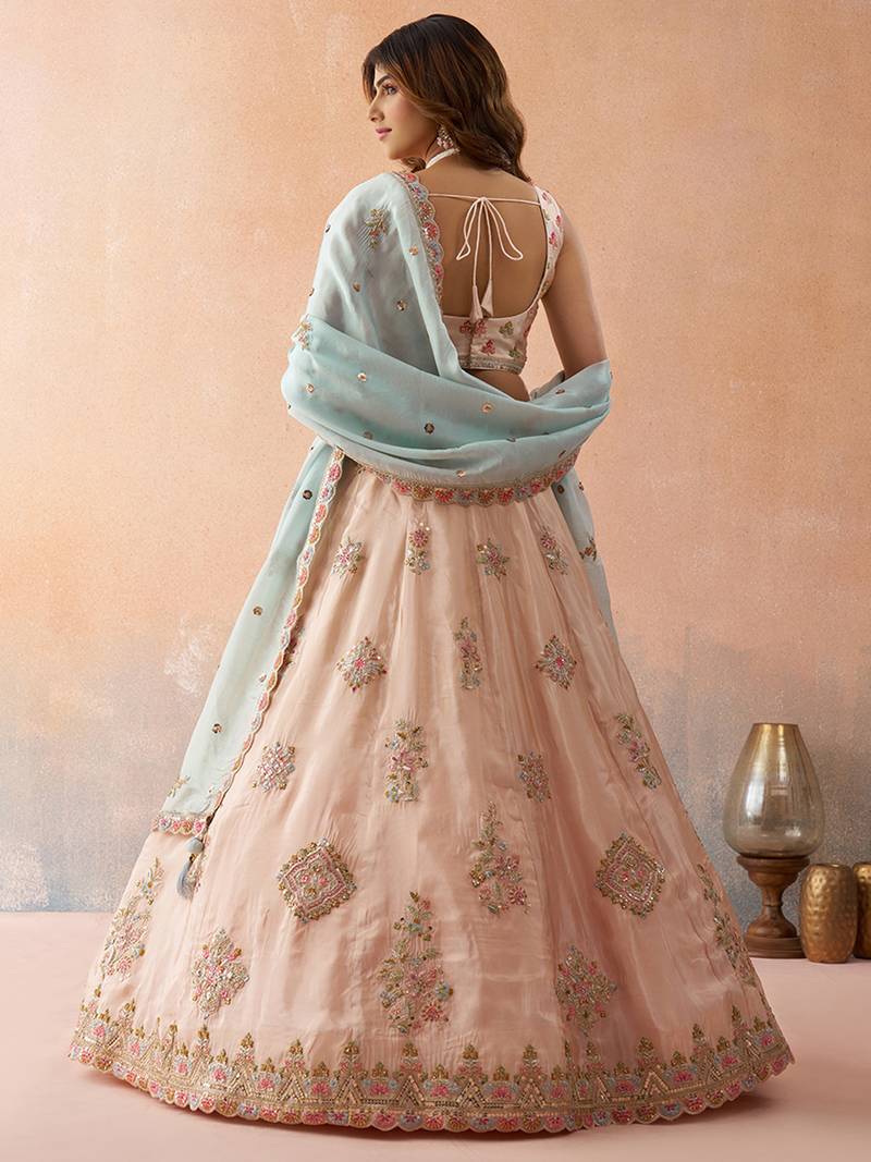 Peach- Tissue Sequinned & Zari Embroidered Semi-Stitched Lehenga & Unstitched Blouse With Dupatta