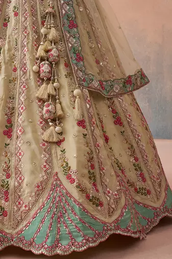 Cream- Tissue Sequins Embroidered Semi-Stitched Lehenga & Unstitched Blouse With Dupatta