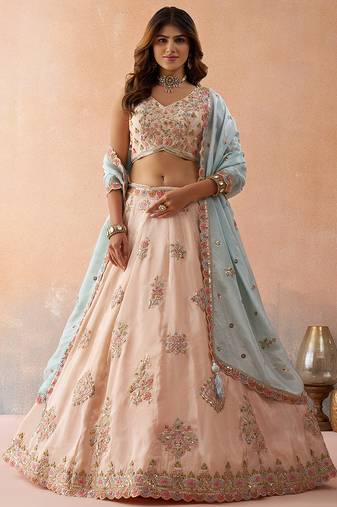 Peach- Tissue Sequinned & Zari Embroidered Semi-Stitched Lehenga & Unstitched Blouse With Dupatta