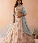 Peach- Tissue Sequinned & Zari Embroidered Semi-Stitched Lehenga & Unstitched Blouse With Dupatta