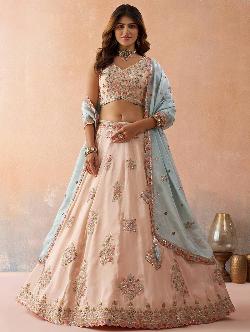Peach- Tissue Sequinned & Zari Embroidered Semi-Stitched Lehenga & Unstitched Blouse With Dupatta