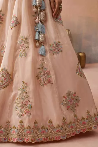Peach- Tissue Sequinned & Zari Embroidered Semi-Stitched Lehenga & Unstitched Blouse With Dupatta
