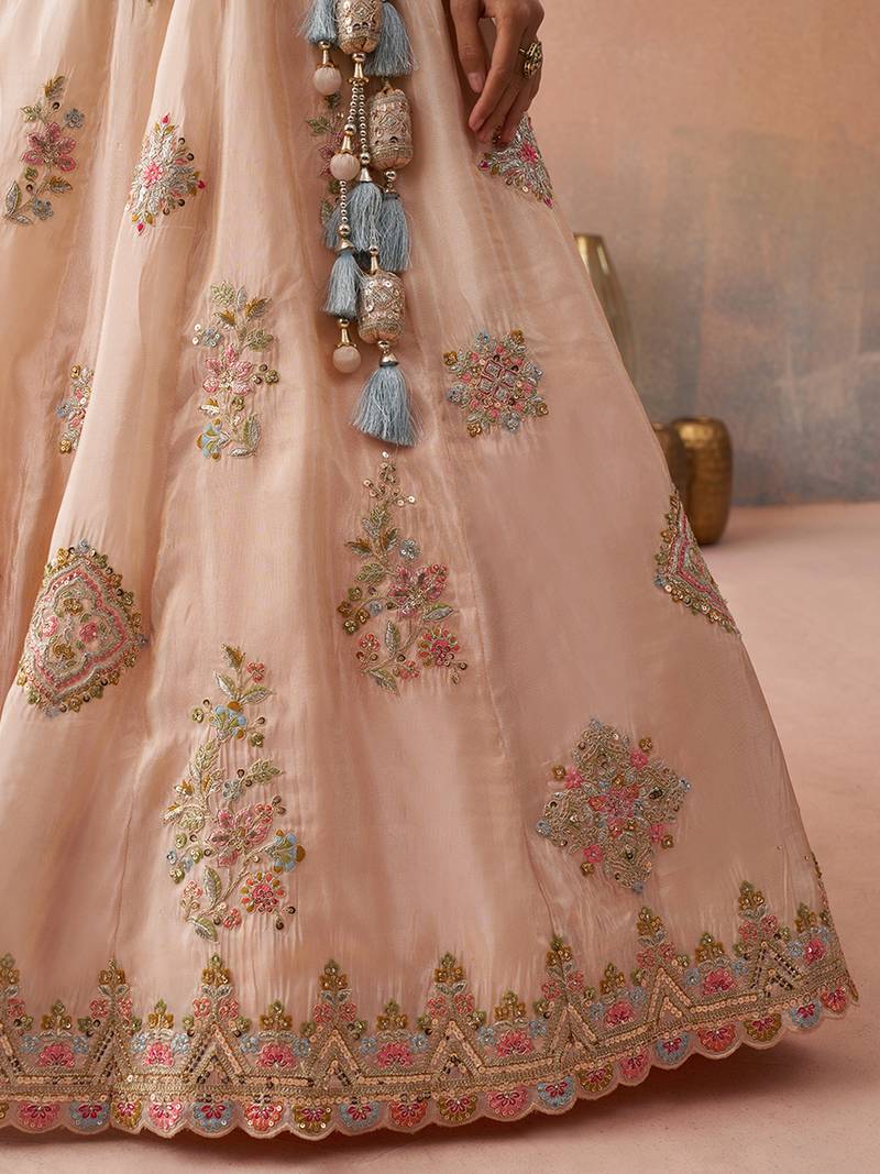 Peach- Tissue Sequinned & Zari Embroidered Semi-Stitched Lehenga & Unstitched Blouse With Dupatta