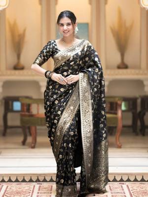 black silk blend banarasi saree with unstitched blouse piece 6