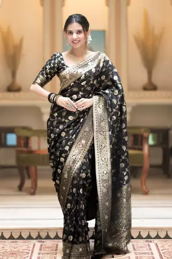 black silk blend banarasi saree with unstitched blouse piece