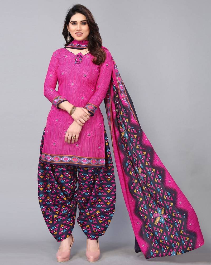 Unstitched printed cotton blend kurta & patiyala dress material with top, bottom & dupatta