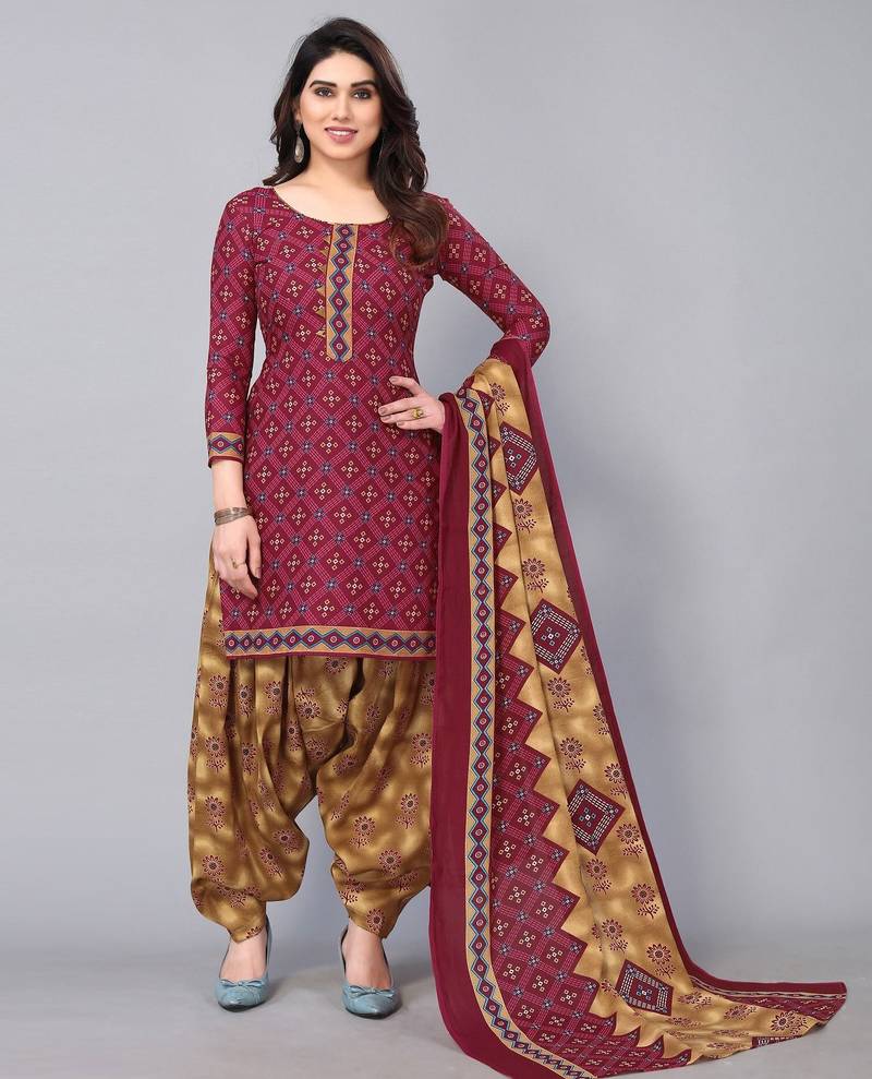 Unstitched printed cotton blend kurta & patiyala dress material with top, bottom & dupatta