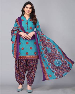 Unstitched printed cotton blend kurta & patiyala dress material with top, bottom & dupatta 1