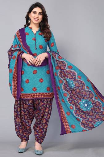 Unstitched printed cotton blend kurta & patiyala dress material with top, bottom & dupatta