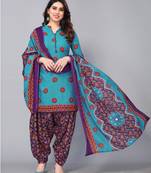 Unstitched printed cotton blend kurta & patiyala dress material with top, bottom & dupatta