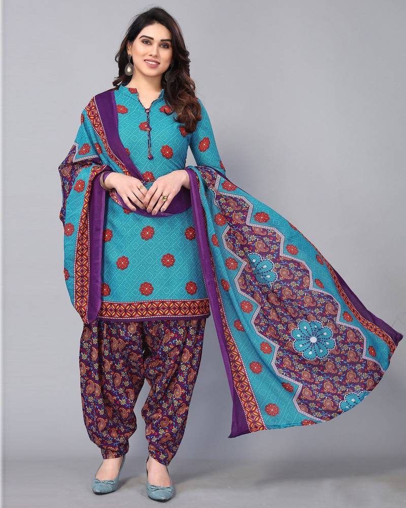 Unstitched printed cotton blend kurta & patiyala dress material with top, bottom & dupatta