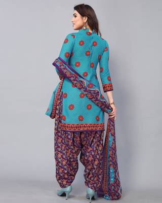 Unstitched printed cotton blend kurta & patiyala dress material with top, bottom & dupatta 2