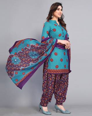 Unstitched printed cotton blend kurta & patiyala dress material with top, bottom & dupatta 3