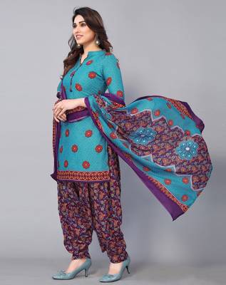 Unstitched printed cotton blend kurta & patiyala dress material with top, bottom & dupatta 4