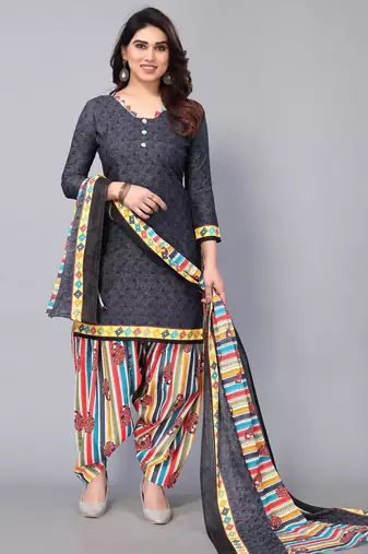 Unstitched printed cotton blend kurta & patiyala dress material with top, bottom & dupatta