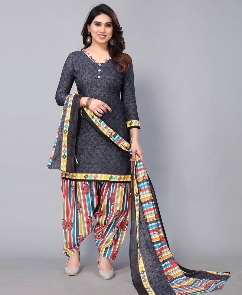 Unstitched printed cotton blend kurta & patiyala dress material with top, bottom & dupatta