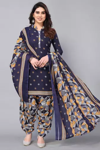 Unstitched printed cotton blend kurta & patiyala dress material with top, bottom & dupatta