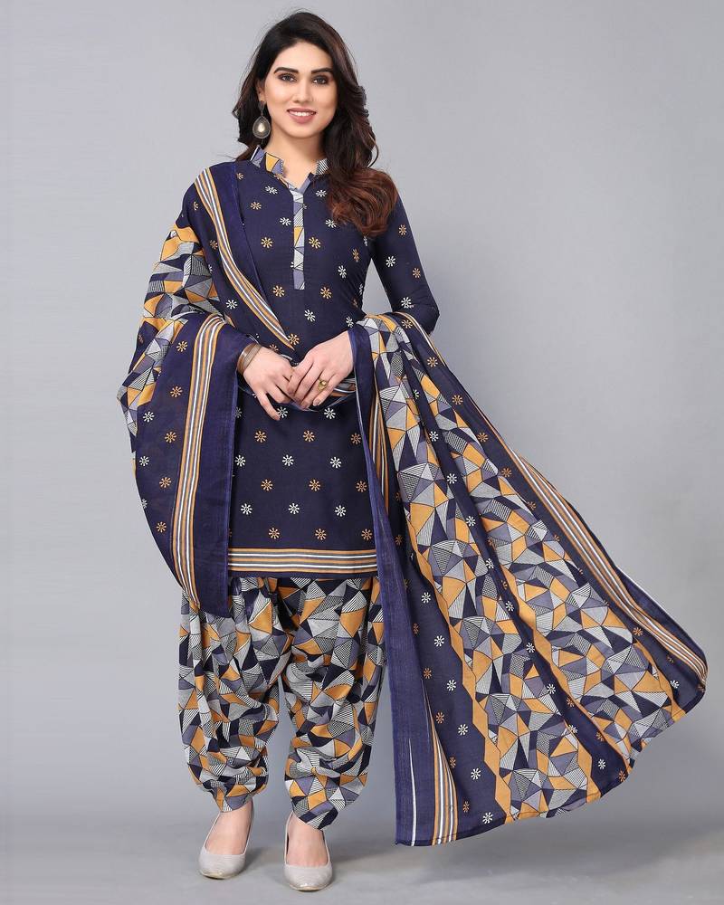 Unstitched printed cotton blend kurta & patiyala dress material with top, bottom & dupatta