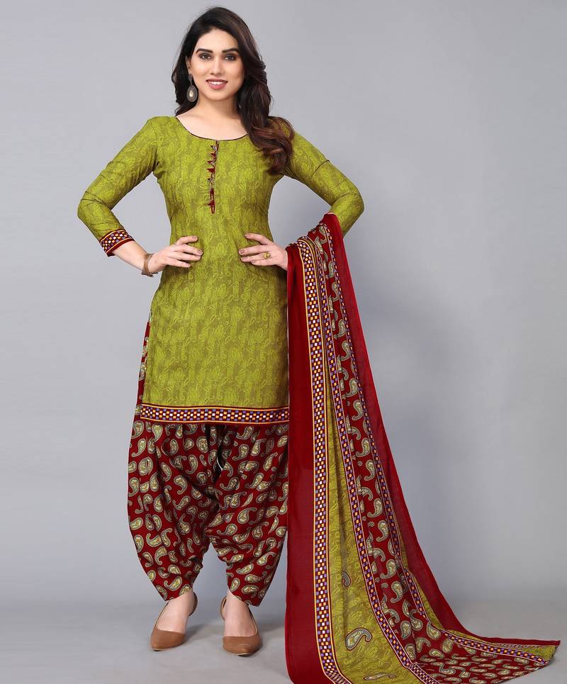 Unstitched printed cotton blend kurta & patiyala dress material with top, bottom & dupatta