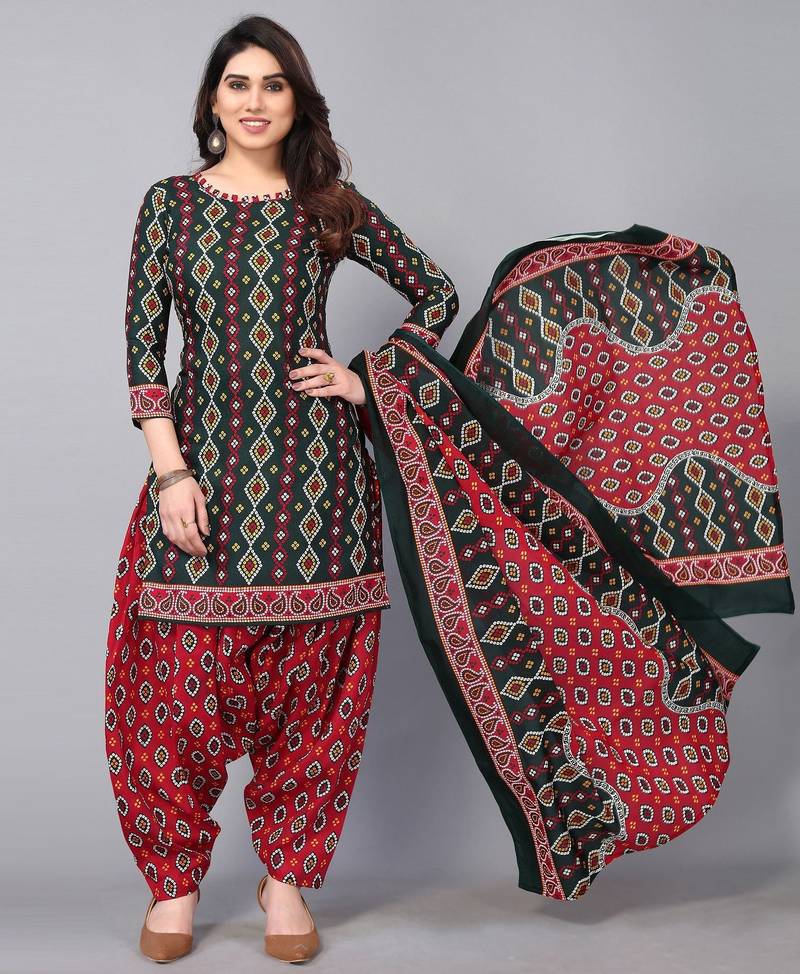 Unstitched printed cotton blend kurta & patiyala dress material with top, bottom & dupatta