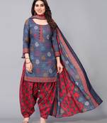 Unstitched printed cotton blend kurta & patiyala dress material with top, bottom & dupatta